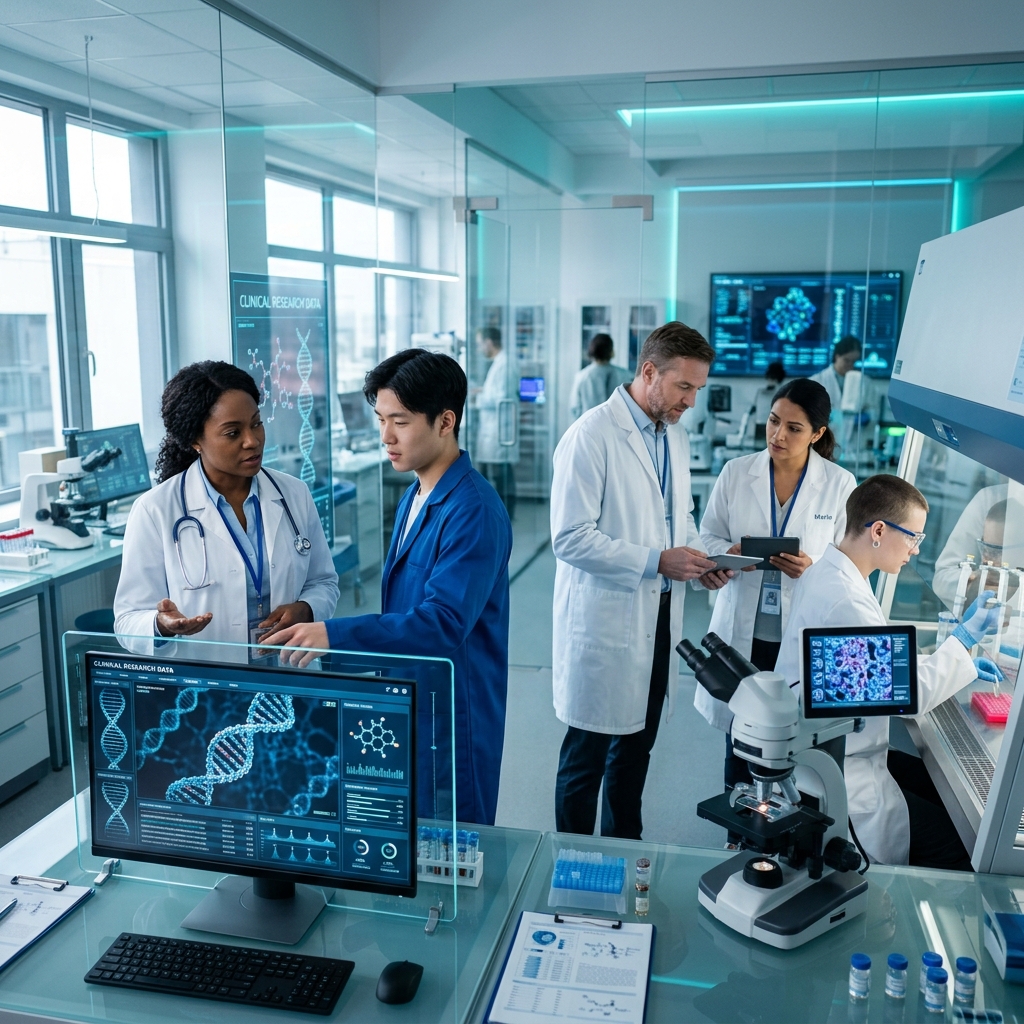 Healthcare and life sciences professionals in modern research laboratory